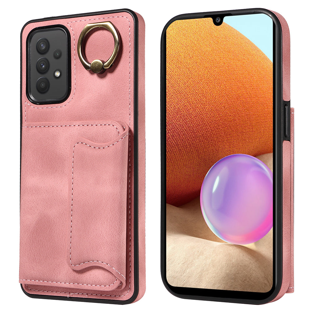 001 For Samsung Galaxy A32 4G (EU Version) PU Leather Coated TPU Phone Cover Ring Kickstand Card Holder Case 001 For Samsung Galaxy A32 4G (EU Version) PU Leather Coated TPU Phone Cover Ring Kickstand Card Holder Case